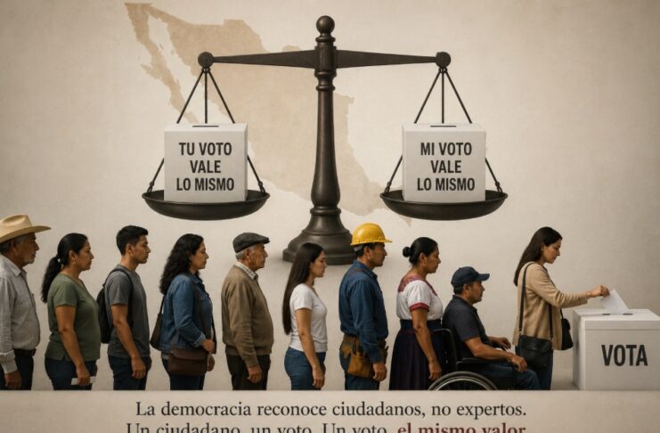 ¿Todos los votos valen lo mismo? Ciudadanos mexicanos de diferentes edades y profesiones esperan su turno para votar en una casilla electoral, representando la igualdad del sufragio.