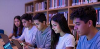 La inteligencia artificial ya forma parte de la vida de muchos adolescentes. El reto es aprender a convivir con ella Grupo de adolescentes trabaja con computadoras portátiles y teléfonos inteligentes en una biblioteca escolar mientras utiliza herramientas digitales para estudiar.