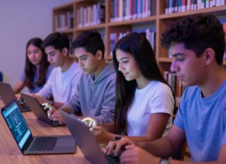 La inteligencia artificial ya forma parte de la vida de muchos adolescentes. El reto es aprender a convivir con ella Grupo de adolescentes trabaja con computadoras portátiles y teléfonos inteligentes en una biblioteca escolar mientras utiliza herramientas digitales para estudiar.