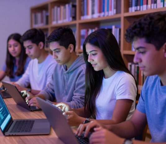 La inteligencia artificial ya forma parte de la vida de muchos adolescentes. El reto es aprender a convivir con ella Grupo de adolescentes trabaja con computadoras portátiles y teléfonos inteligentes en una biblioteca escolar mientras utiliza herramientas digitales para estudiar.