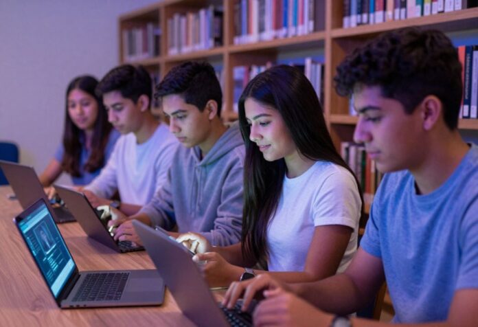 adolescencia y la inteligencia artificialA Grupo de adolescentes trabaja con computadoras portátiles y teléfonos inteligentes en una biblioteca escolar mientras utiliza herramientas digitales para estudiar.