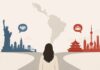 América Latina ya no confía en Estados Unidos como hace una década Ilustración conceptual de América Latina situada entre símbolos representativos de Estados Unidos y China, que expresa el cambio en la percepción regional hacia ambas potencias.