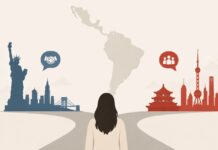América Latina ya no confía en Estados Unidos como hace una década Ilustración conceptual de América Latina situada entre símbolos representativos de Estados Unidos y China, que expresa el cambio en la percepción regional hacia ambas potencias.