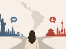 América Latina ya no confía en Estados Unidos como hace una década Ilustración conceptual de América Latina situada entre símbolos representativos de Estados Unidos y China, que expresa el cambio en la percepción regional hacia ambas potencias.