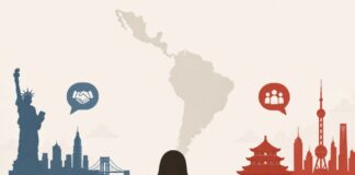 América Latina ya no confía en Estados Unidos como hace una década Ilustración conceptual de América Latina situada entre símbolos representativos de Estados Unidos y China, que expresa el cambio en la percepción regional hacia ambas potencias.