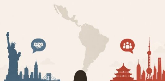 Ilustración conceptual de América Latina situada entre símbolos representativos de Estados Unidos y China, que expresa el cambio en la percepción regional hacia ambas potencias.