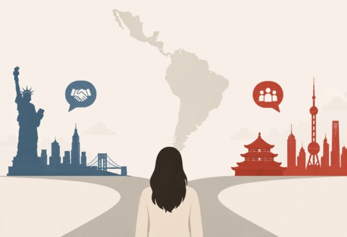 Ilustración conceptual de América Latina situada entre símbolos representativos de Estados Unidos y China, que expresa el cambio en la percepción regional hacia ambas potencias.