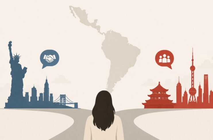 América Latina ya no confía en Estados Unidos como hace una década Ilustración conceptual de América Latina situada entre símbolos representativos de Estados Unidos y China, que expresa el cambio en la percepción regional hacia ambas potencias.