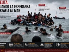 Ceuta: una frontera que revela las fracturas del mundo Migrantes cruzan a nado hacia Ceuta mientras equipos de rescate y seguridad intervienen en el mar. La imagen ilustra la presión migratoria sobre la frontera entre Marruecos y España y las múltiples dimensiones del fenómeno.