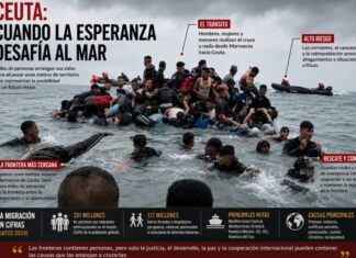 Ceuta: una frontera que revela las fracturas del mundo Migrantes cruzan a nado hacia Ceuta mientras equipos de rescate y seguridad intervienen en el mar. La imagen ilustra la presión migratoria sobre la frontera entre Marruecos y España y las múltiples dimensiones del fenómeno.