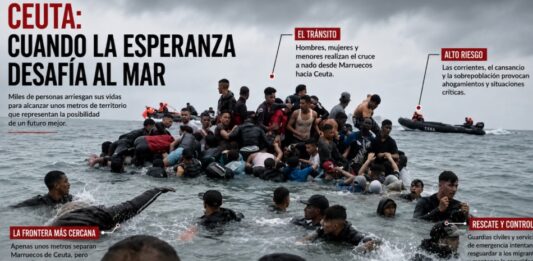 Migrantes cruzan a nado hacia Ceuta mientras equipos de rescate y seguridad intervienen en el mar. La imagen ilustra la presión migratoria sobre la frontera entre Marruecos y España y las múltiples dimensiones del fenómeno.