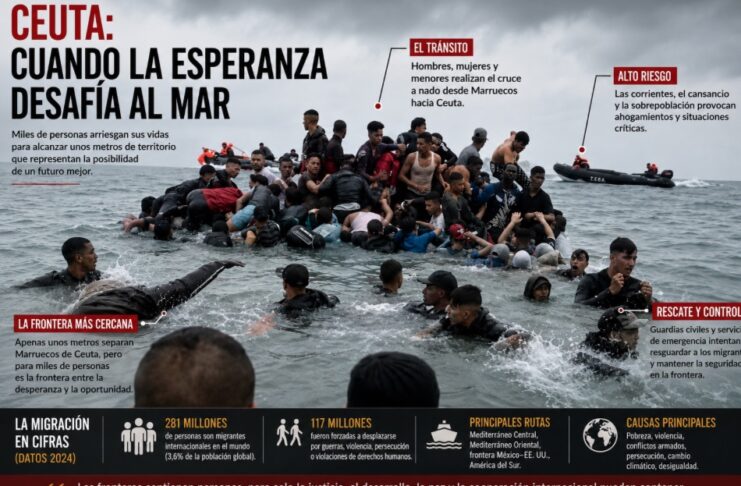 Ceuta: una frontera que revela las fracturas del mundo Migrantes cruzan a nado hacia Ceuta mientras equipos de rescate y seguridad intervienen en el mar. La imagen ilustra la presión migratoria sobre la frontera entre Marruecos y España y las múltiples dimensiones del fenómeno.