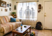 El miedo como política migratoria: lo que ocurre detrás de las redadas de ICE Sala de un hogar latino en Estados Unidos con juguetes, fotografías familiares y una mochila; detrás de las cortinas de una ventana aparecen las siluetas de agentes de ICE.