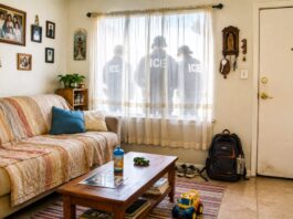 El miedo como política migratoria: lo que ocurre detrás de las redadas de ICE Sala de un hogar latino en Estados Unidos con juguetes, fotografías familiares y una mochila; detrás de las cortinas de una ventana aparecen las siluetas de agentes de ICE.