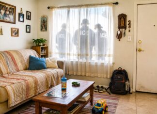 El miedo como política migratoria: lo que ocurre detrás de las redadas de ICE Sala de un hogar latino en Estados Unidos con juguetes, fotografías familiares y una mochila; detrás de las cortinas de una ventana aparecen las siluetas de agentes de ICE.