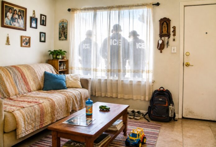 Sala de un hogar latino en Estados Unidos con juguetes, fotografías familiares y una mochila; detrás de las cortinas de una ventana aparecen las siluetas de agentes de ICE.