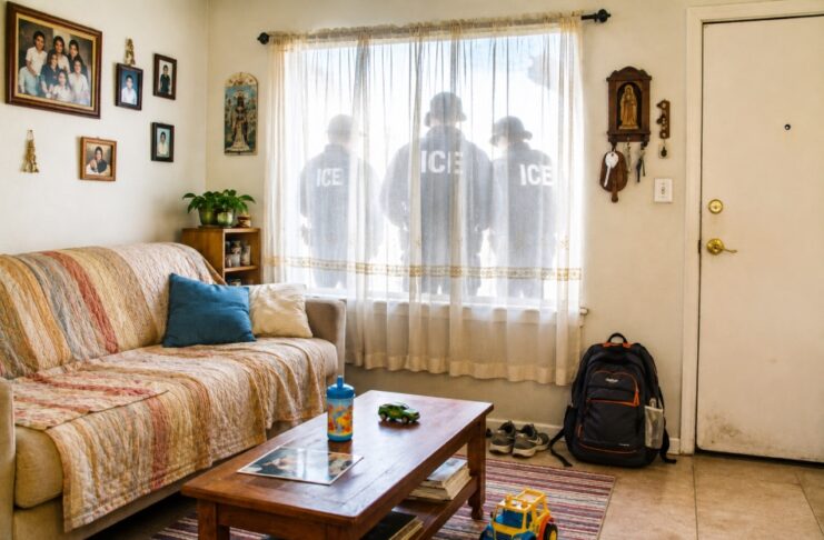 El miedo como política migratoria: lo que ocurre detrás de las redadas de ICE Sala de un hogar latino en Estados Unidos con juguetes, fotografías familiares y una mochila; detrás de las cortinas de una ventana aparecen las siluetas de agentes de ICE.