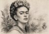 Frida Kahlo: la mujer detrás del personaje que todos conocemos Ilustración a lápiz de Frida Kahlo, con flores en el cabello y elementos vegetales, acompañada de su nombre.