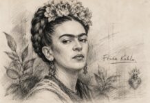 Frida Kahlo: la mujer detrás del personaje que todos conocemos Ilustración a lápiz de Frida Kahlo, con flores en el cabello y elementos vegetales, acompañada de su nombre.