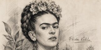 Frida Kahlo: la mujer detrás del personaje que todos conocemos Ilustración a lápiz de Frida Kahlo, con flores en el cabello y elementos vegetales, acompañada de su nombre.