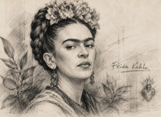 Frida Kahlo: la mujer detrás del personaje que todos conocemos Ilustración a lápiz de Frida Kahlo, con flores en el cabello y elementos vegetales, acompañada de su nombre.
