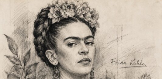 Ilustración a lápiz de Frida Kahlo, con flores en el cabello y elementos vegetales, acompañada de su nombre.