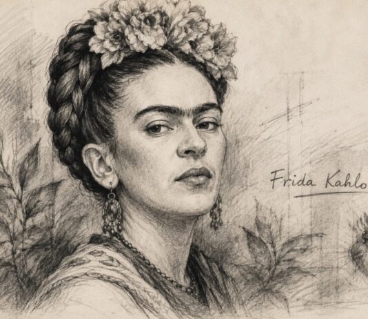 Frida Kahlo: la mujer detrás del personaje que todos conocemos Ilustración a lápiz de Frida Kahlo, con flores en el cabello y elementos vegetales, acompañada de su nombre.