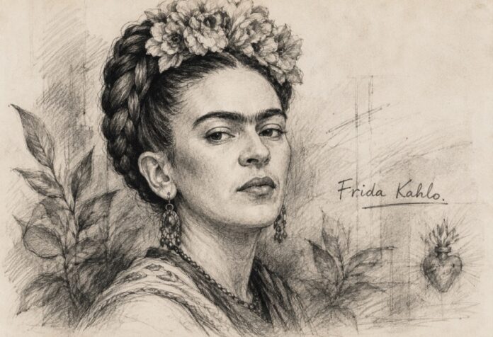 Ilustración a lápiz de Frida Kahlo, con flores en el cabello y elementos vegetales, acompañada de su nombre.