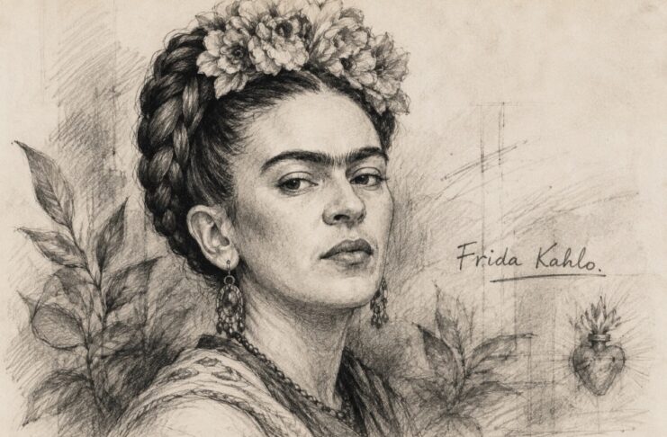 Frida Kahlo: la mujer detrás del personaje que todos conocemos Ilustración a lápiz de Frida Kahlo, con flores en el cabello y elementos vegetales, acompañada de su nombre.