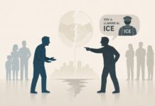 En EU el miedo rompe la solidaridad: la amenaza de llamar a ICE entre miembros de la comunidad latina Dos personas de apariencia latina discuten mientras una amenaza con llamar a ICE; al fondo, una comunidad dividida y un apretón de manos fracturado simbolizan la pérdida de cohesión social.