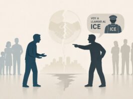 En EU el miedo rompe la solidaridad: la amenaza de llamar a ICE entre miembros de la comunidad latina Dos personas de apariencia latina discuten mientras una amenaza con llamar a ICE; al fondo, una comunidad dividida y un apretón de manos fracturado simbolizan la pérdida de cohesión social.