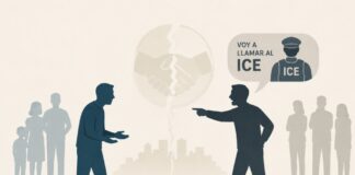 En EU el miedo rompe la solidaridad: la amenaza de llamar a ICE entre miembros de la comunidad latina Dos personas de apariencia latina discuten mientras una amenaza con llamar a ICE; al fondo, una comunidad dividida y un apretón de manos fracturado simbolizan la pérdida de cohesión social.