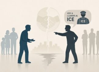 En EU el miedo rompe la solidaridad: la amenaza de llamar a ICE entre miembros de la comunidad latina Dos personas de apariencia latina discuten mientras una amenaza con llamar a ICE; al fondo, una comunidad dividida y un apretón de manos fracturado simbolizan la pérdida de cohesión social.