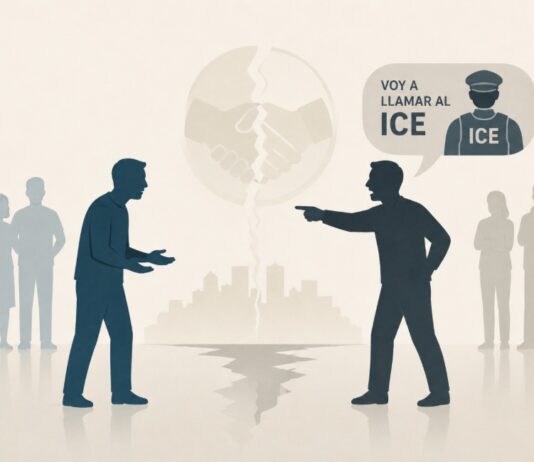En EU el miedo rompe la solidaridad: la amenaza de llamar a ICE entre miembros de la comunidad latina Dos personas de apariencia latina discuten mientras una amenaza con llamar a ICE; al fondo, una comunidad dividida y un apretón de manos fracturado simbolizan la pérdida de cohesión social.
