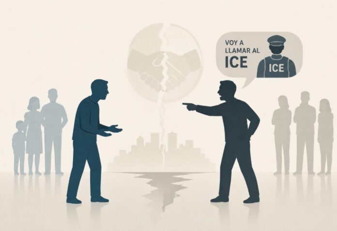 Latinos amenazan a latinos por llamar al ICE Dos personas de apariencia latina discuten mientras una amenaza con llamar a ICE; al fondo, una comunidad dividida y un apretón de manos fracturado simbolizan la pérdida de cohesión social.