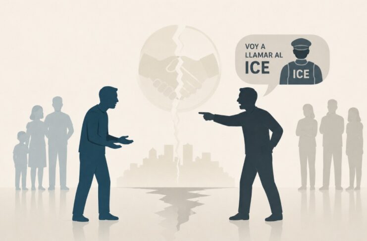 En EU el miedo rompe la solidaridad: la amenaza de llamar a ICE entre miembros de la comunidad latina Dos personas de apariencia latina discuten mientras una amenaza con llamar a ICE; al fondo, una comunidad dividida y un apretón de manos fracturado simbolizan la pérdida de cohesión social.