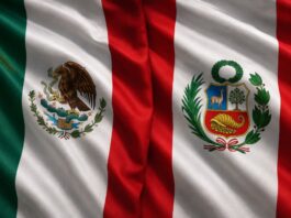 México y Perú: más que un restablecimiento diplomático, un reencuentro entre dos naciones hermanas Banderas de México y Perú ondeando juntas como símbolo del restablecimiento de las relaciones diplomáticas y la amistad entre ambos países.
