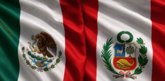México y Perú: más que un restablecimiento diplomático, un reencuentro entre dos naciones hermanas Banderas de México y Perú ondeando juntas como símbolo del restablecimiento de las relaciones diplomáticas y la amistad entre ambos países.
