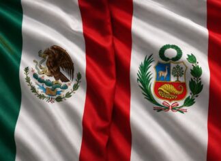 México y Perú: más que un restablecimiento diplomático, un reencuentro entre dos naciones hermanas Banderas de México y Perú ondeando juntas como símbolo del restablecimiento de las relaciones diplomáticas y la amistad entre ambos países.