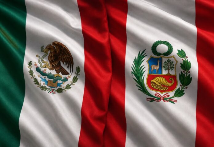 México Perú Banderas de México y Perú ondeando juntas como símbolo del restablecimiento de las relaciones diplomáticas y la amistad entre ambos países.