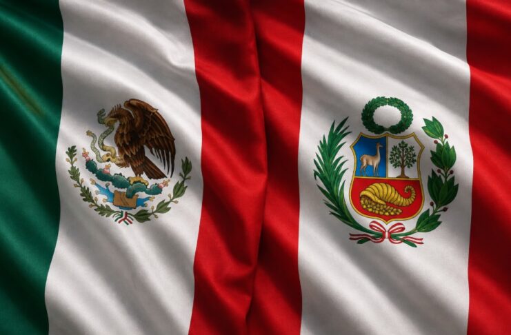 México y Perú: más que un restablecimiento diplomático, un reencuentro entre dos naciones hermanas Banderas de México y Perú ondeando juntas como símbolo del restablecimiento de las relaciones diplomáticas y la amistad entre ambos países.