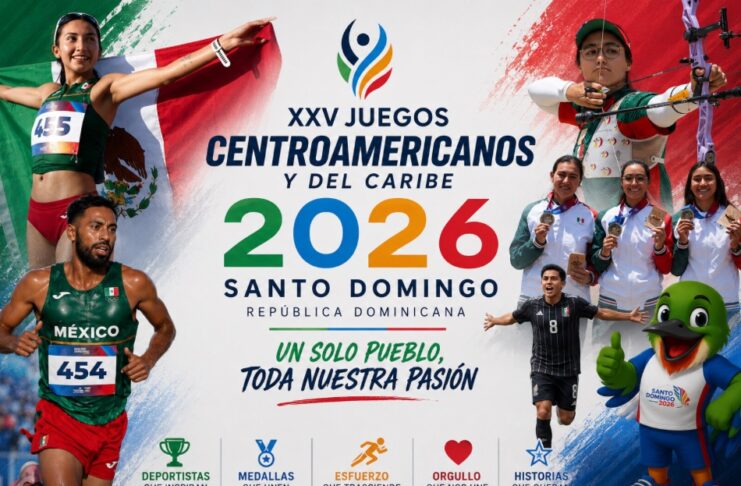 México entra a la recta final de los Centroamericanos 2026 con un nuevo objetivo: romper sus propios récords Composición gráfica con atletas mexicanos de atletismo, tiro con arco y fútbol, junto con medallistas y la mascota oficial de los Juegos Centroamericanos y del Caribe Santo Domingo 2026.
