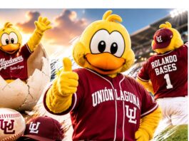 ¿Sabías que la mascota de los Algodoneros de Unión Laguna es un pollo? La mascota “Rolando Bases”, un pollo amarillo con uniforme de los Algodoneros de Unión Laguna, celebra sobre el terreno de juego de un estadio de béisbol.