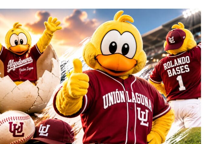Rolando Bases Unión Laguna La mascota “Rolando Bases”, un pollo amarillo con uniforme de los Algodoneros de Unión Laguna, celebra sobre el terreno de juego de un estadio de béisbol.