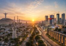 Las ciudades crecen a velocidades diferentes. Los casos de Torreón y Querétaro Ilustración panorámica que integra elementos icónicos de Torreón, como el Cristo de las Noas y un perfil industrial, con el Acueducto y el moderno skyline de Querétaro. Ambas ciudades aparecen unidas por un mismo paisaje al amanecer, reflejando distintos ritmos de desarrollo urbano.