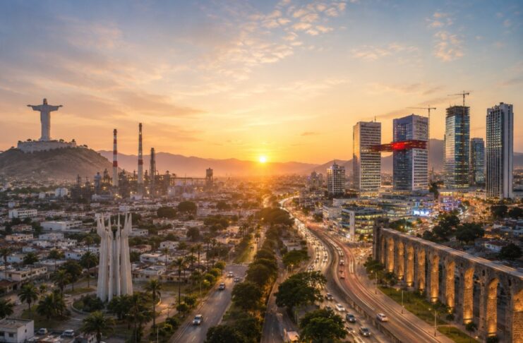 Las ciudades crecen a velocidades diferentes. Los casos de Torreón y Querétaro Ilustración panorámica que integra elementos icónicos de Torreón, como el Cristo de las Noas y un perfil industrial, con el Acueducto y el moderno skyline de Querétaro. Ambas ciudades aparecen unidas por un mismo paisaje al amanecer, reflejando distintos ritmos de desarrollo urbano.