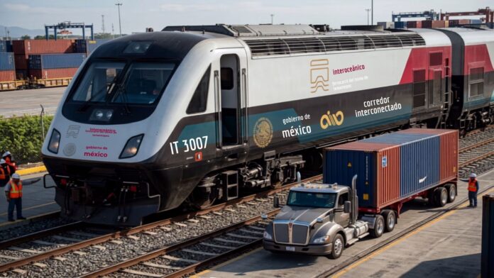Tren interoceánico 2 Tren Interoceánico junto a contenedores de carga en una terminal ferroviaria del Istmo de Tehuantepec.