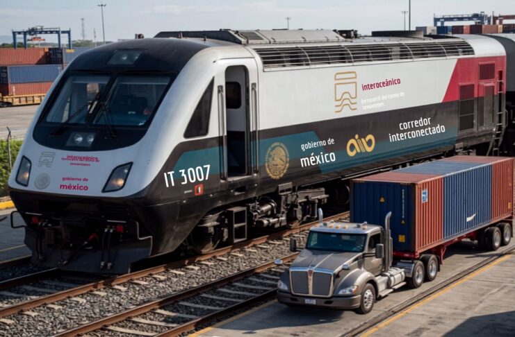El Tren Interoceánico avanza en sus primeros años de operación Tren Interoceánico junto a contenedores de carga en una terminal ferroviaria del Istmo de Tehuantepec.