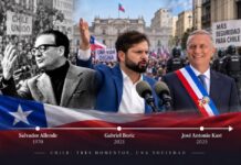 ¿Cómo pasó Chile de Boric a Kast? Composición editorial con Salvador Allende, Gabriel Boric y José Antonio Kast que representa la evolución política de Chile entre 1970 y 2025.