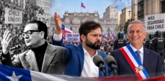 ¿Cómo pasó Chile de Boric a Kast? Composición editorial con Salvador Allende, Gabriel Boric y José Antonio Kast que representa la evolución política de Chile entre 1970 y 2025.